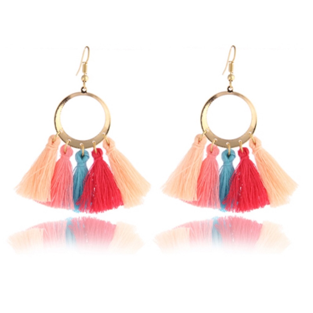 Bohemian Gold Dangle Earrings Multi Colored Tassel - Picture 1 of 5